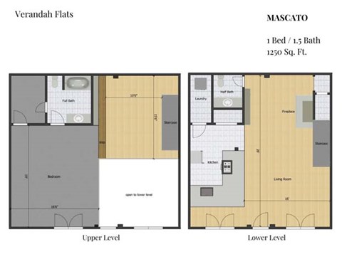 Floor plan for 1 bed, 1.5 baths, 1250 sqft